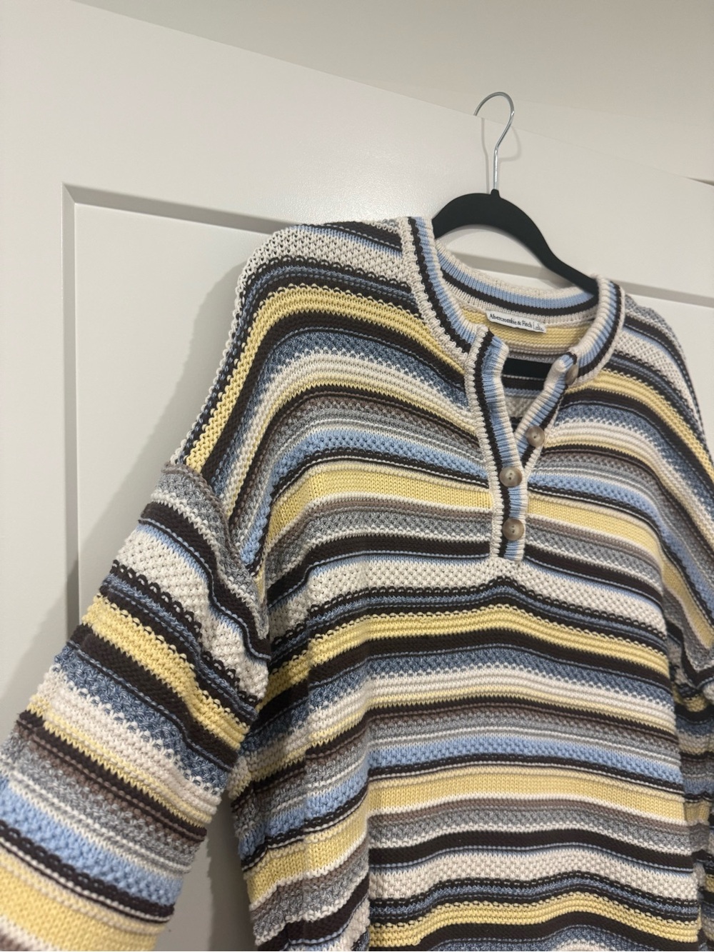 Abercrombie & Fitch Striped Henley Sweater in Yellow, Blue, Brown & White - Picture 2 of 3